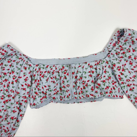 Lulus Sunny‎ Expectations Blue Rose Floral Puff Sleeve Crop Top Small - Picture 7 of 11